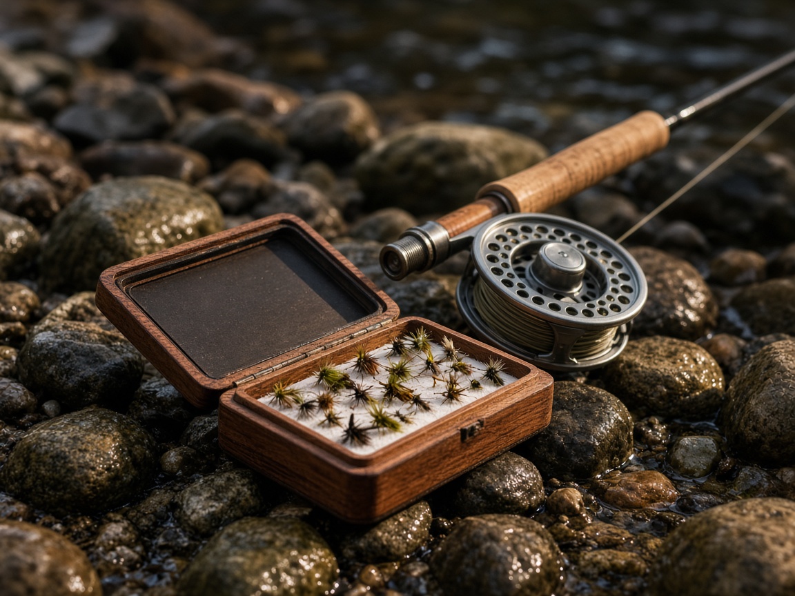 Caja de moscas, caña y reel sobre piedras del río