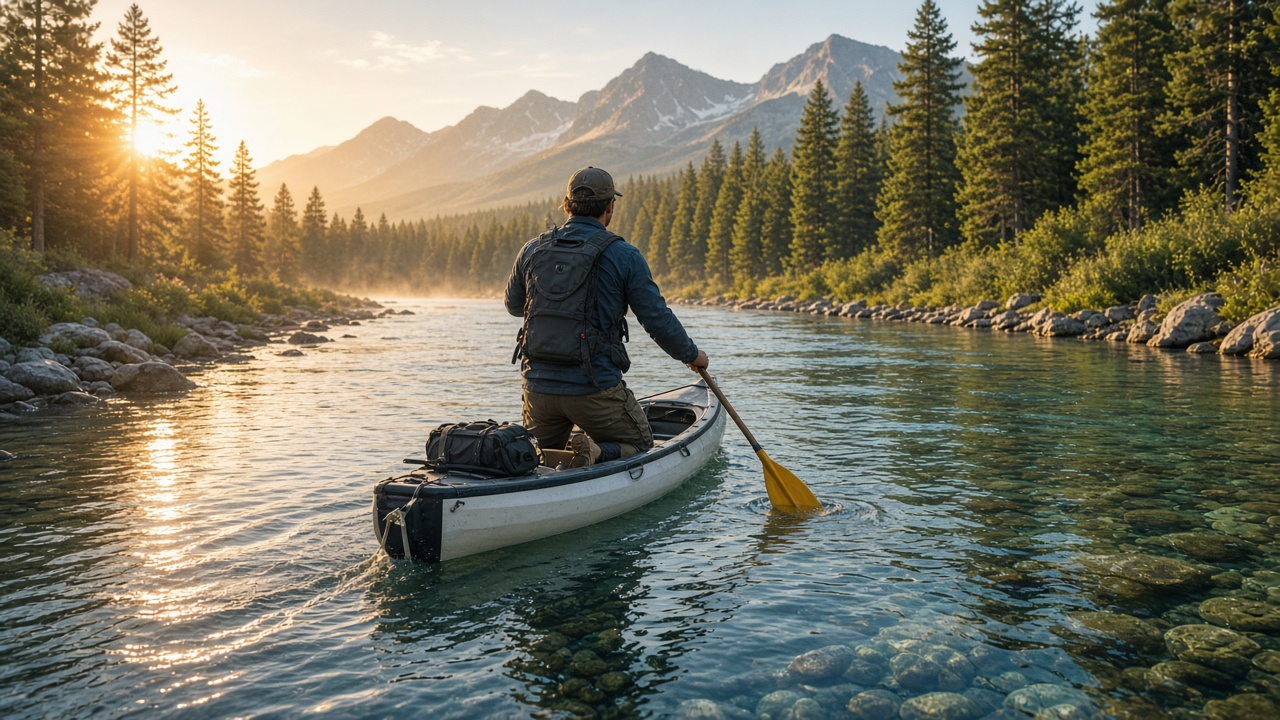 Pescador con mosca lanzando en un río de montaña al amanecer